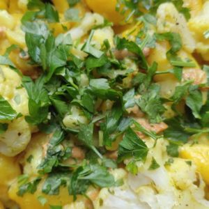 kopytka dyniowe z kurkami i kalafiorem